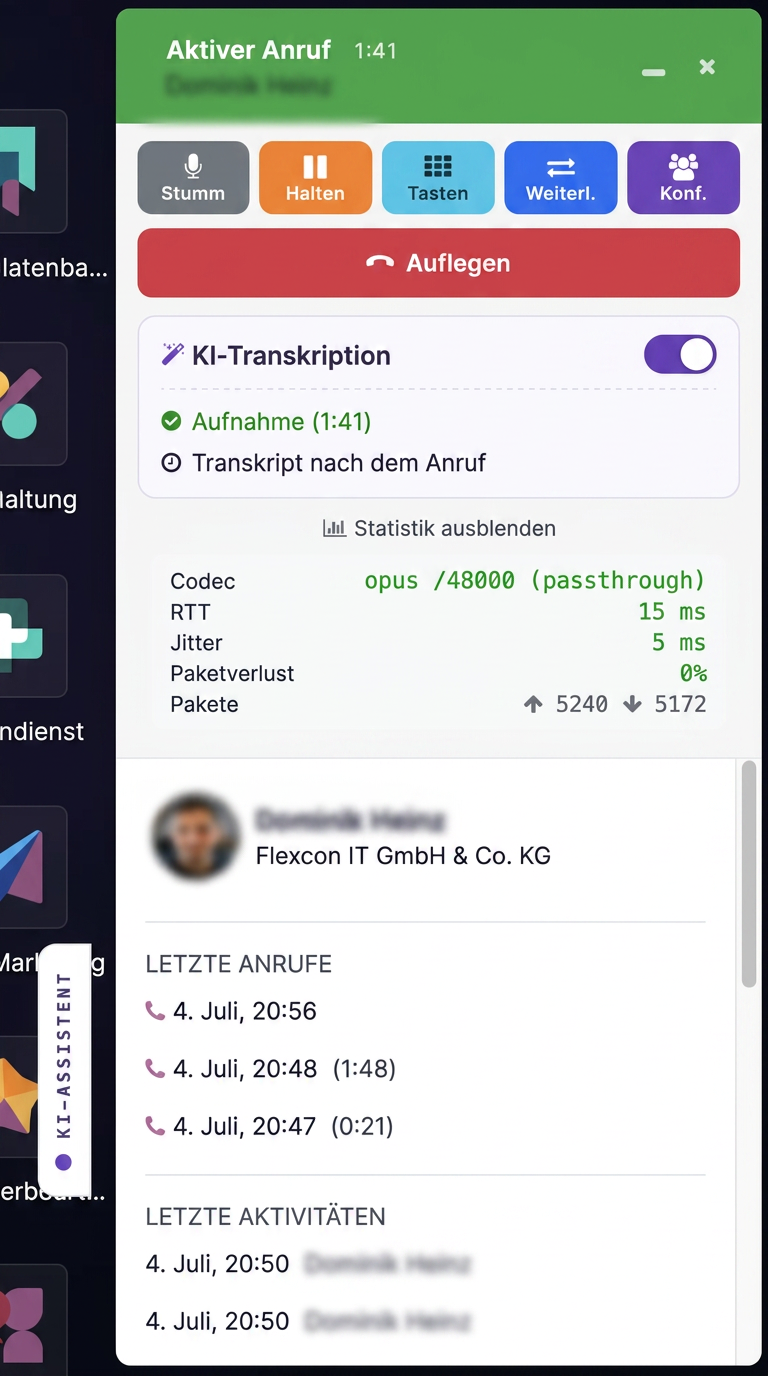Telefonie-Widget mit STARFACE-Steuerung und KI-Transkription in Odoo